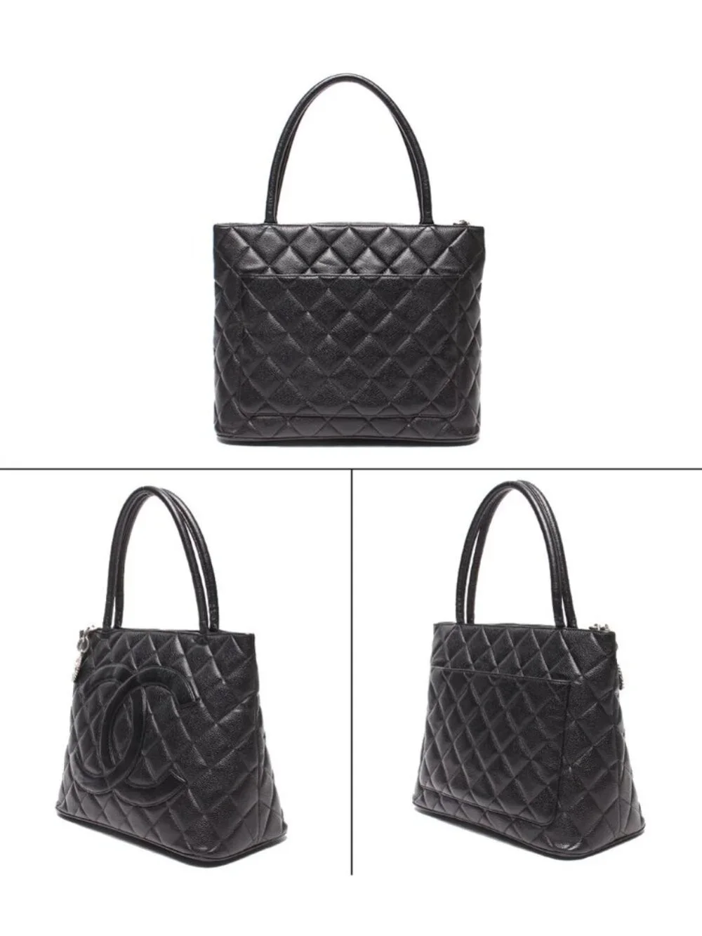 Chanel Tote Bag Silver Caviar Leather Quilted Reissue